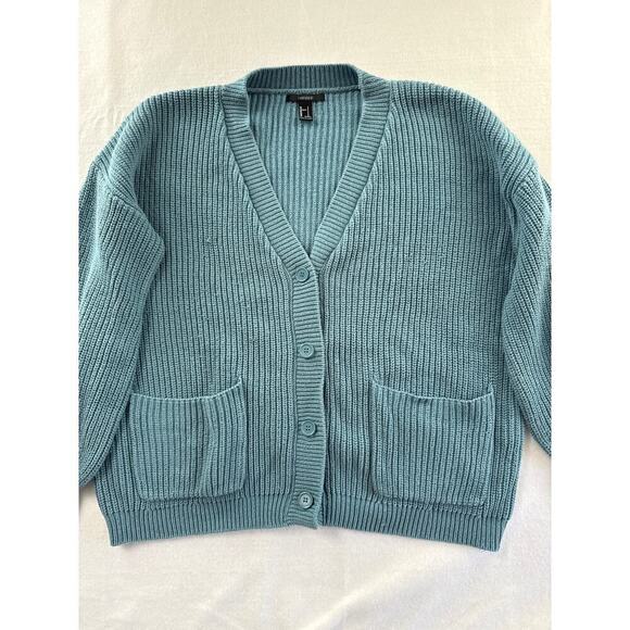 Women’s Forever 21 Teal Knit Cardigan | Chunky Ribbed Button Front Sweater Sz S - Picture 1 of 4